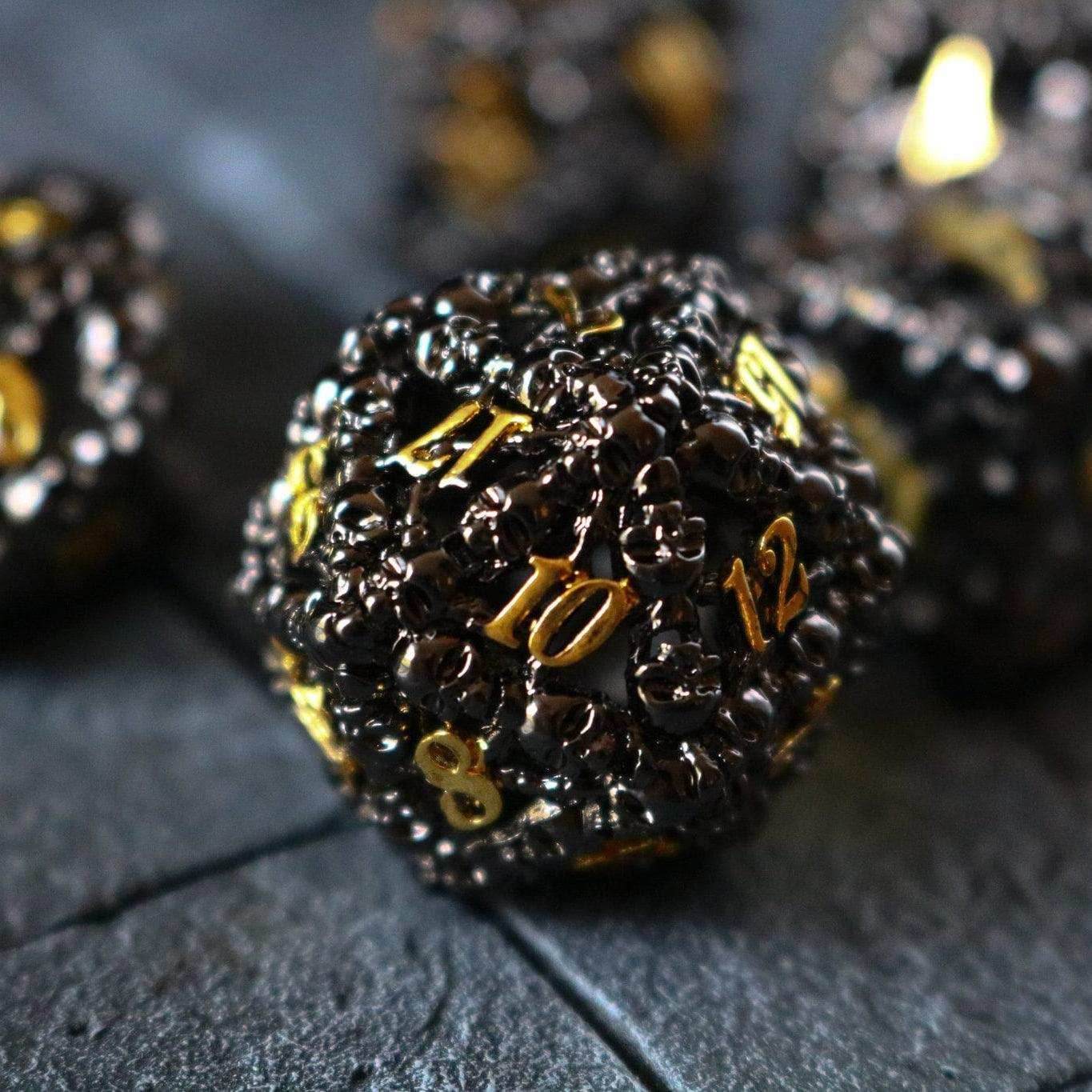 Skulls Hollow Black/Gold Metal DND Dice Set - Full Set And Free Dice Box