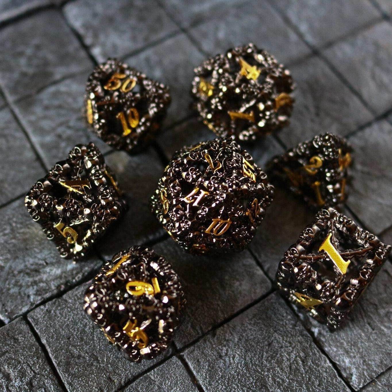 Skulls Hollow Black/Gold Metal DND Dice Set - Full Set And Free Dice Box