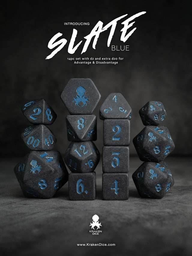 Kraken Slate 14 pc Slate TTRPG Dice Set - Blue Ink