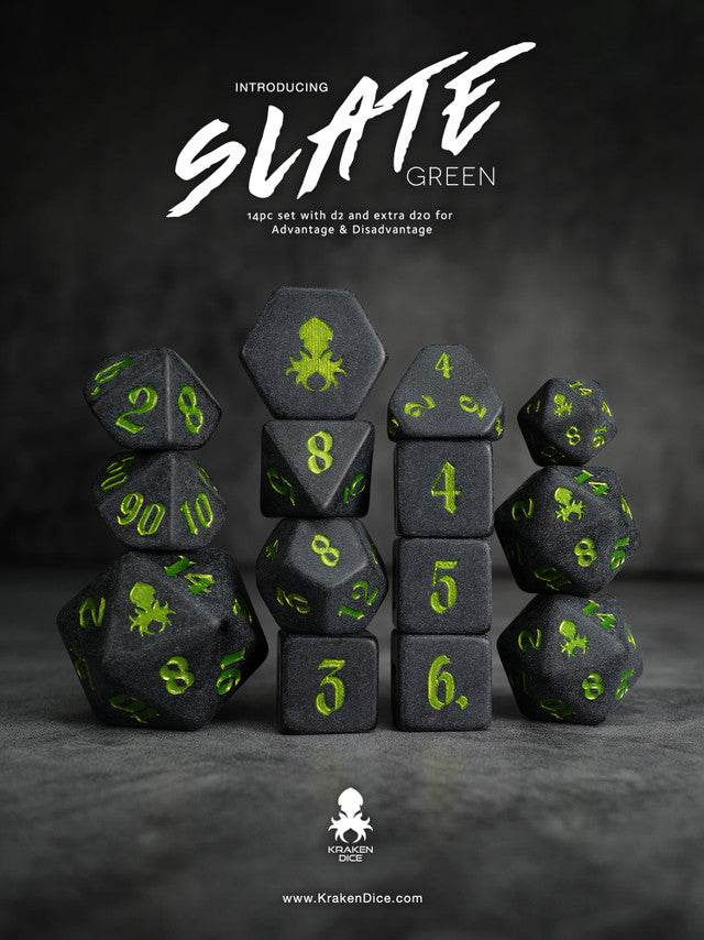 Kraken Slate 14 pc Slate TTRPG Dice Set - Green Ink