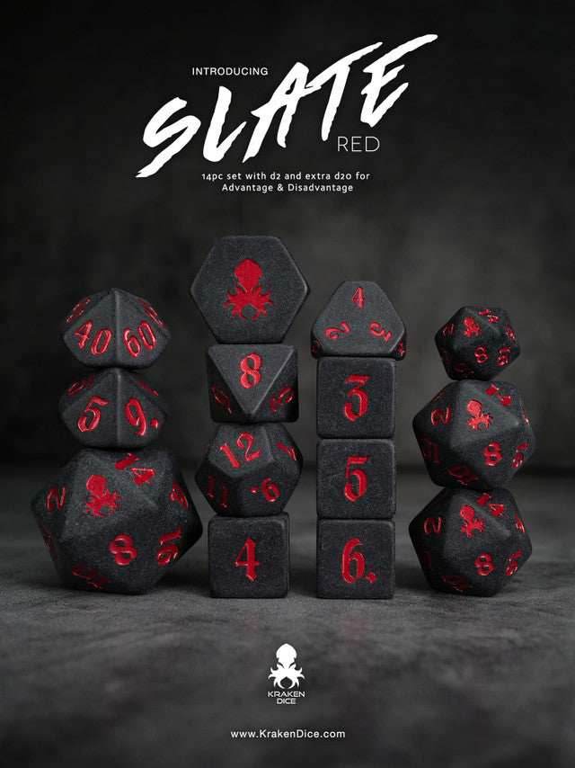 Kraken Slate 14 pc Slate TTRPG Dice Set - Red Ink