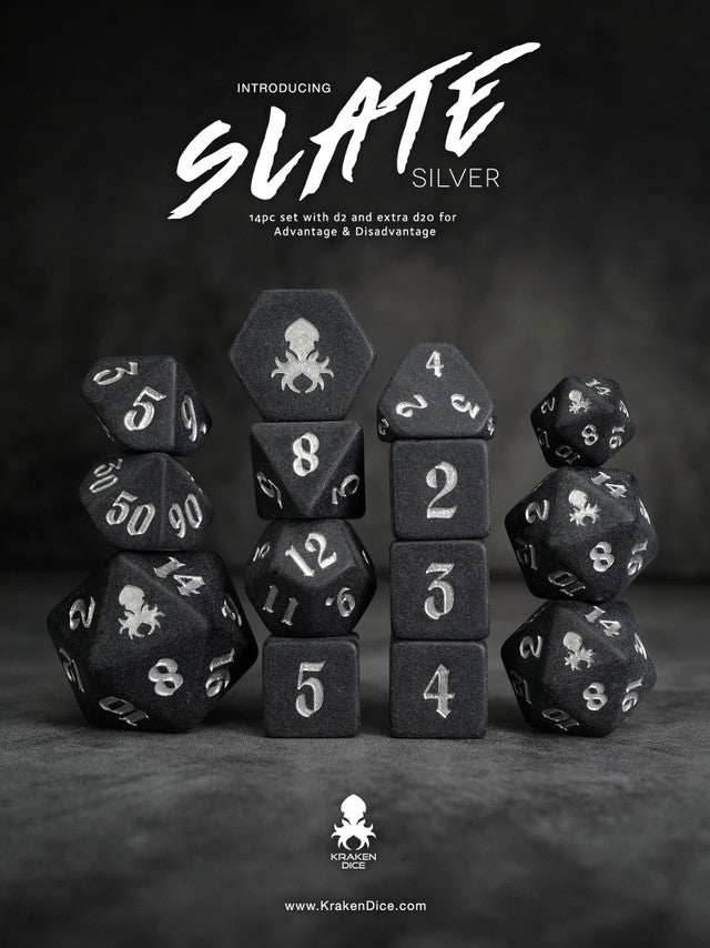 Kraken Slate 14 pc Slate TTRPG Dice Set - Silver Ink