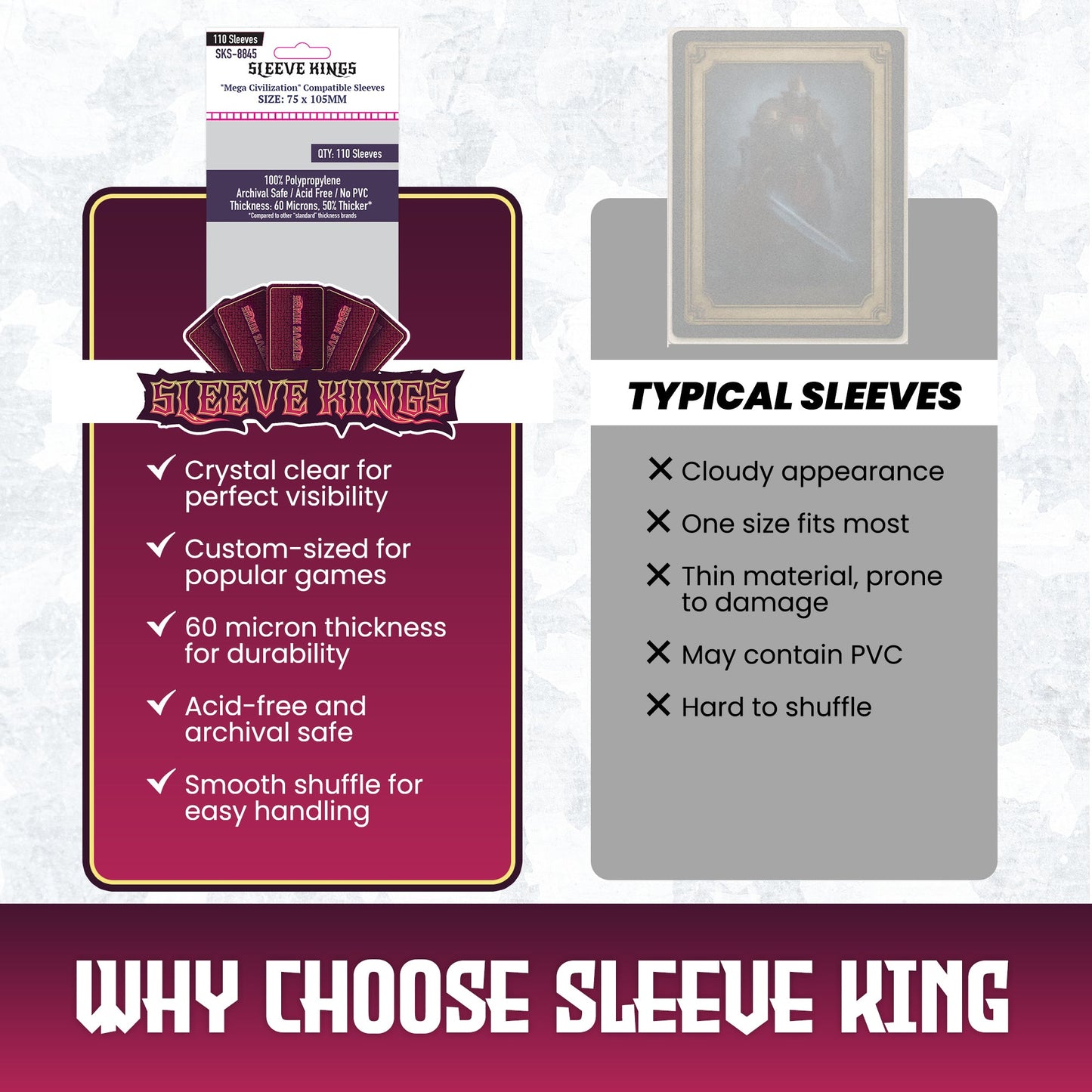 "Mega Civilization" Compatible Sleeves (75x105mm)  110 pack, 60 Micron, SKS-8845