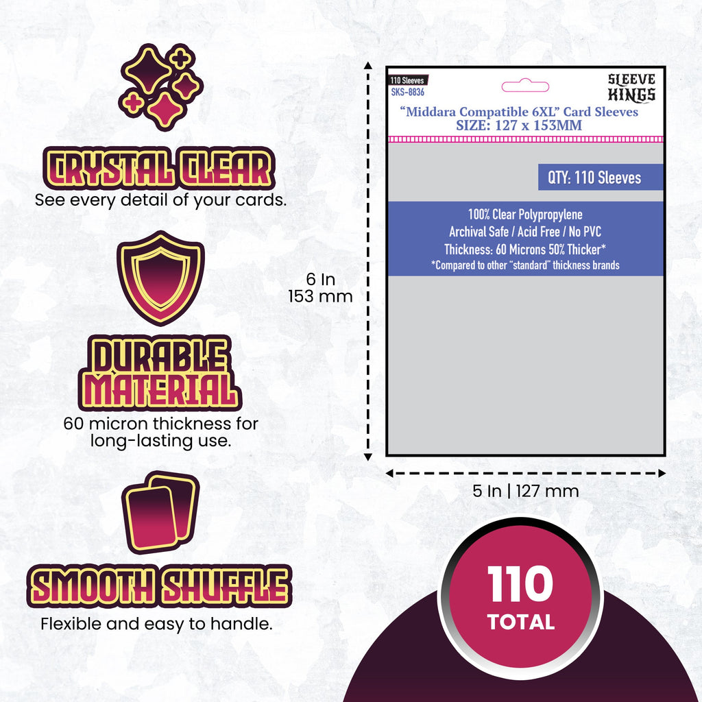 "Middara" Compatible 6XL Game Card Sleeves (127x153mm) 110 Pack, 60 Micron, SKS-8836