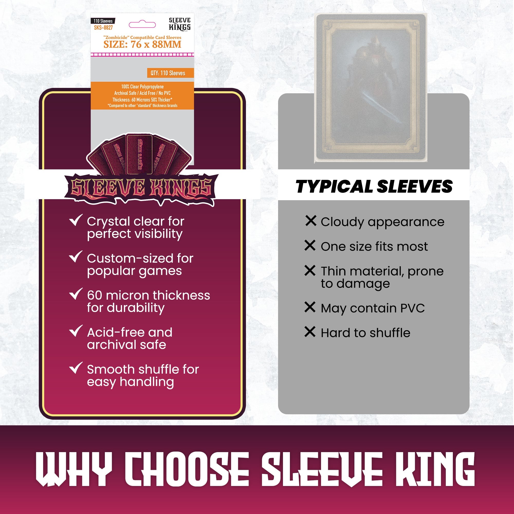 "Zombicide" Compatible Sleeves (76x88mm) 110 Pack, 60 Micron, SKS-8827