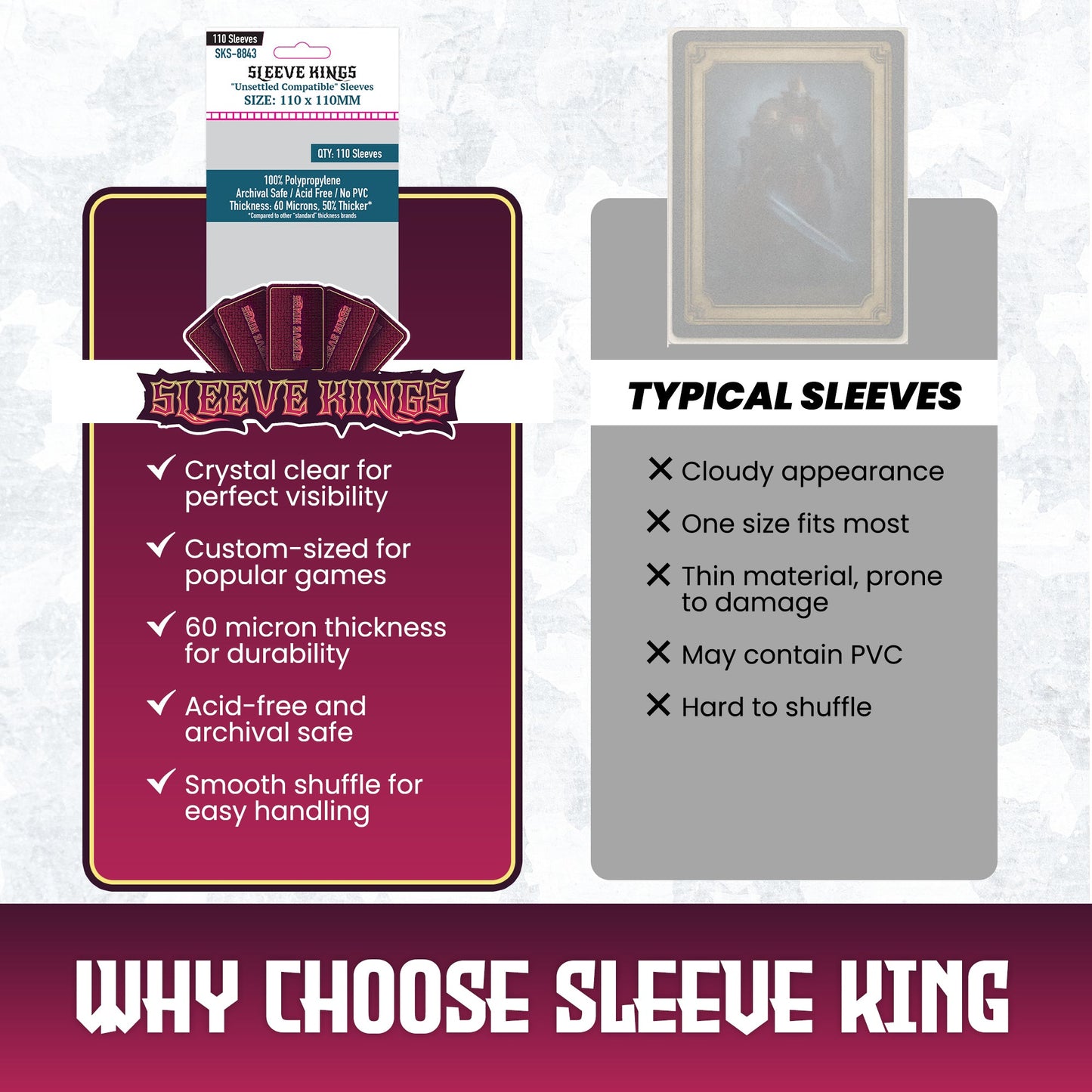 "Unsettled" Compatible Sleeves (110x110 MM) 110 Pack, 60 Microns, SKS-8843