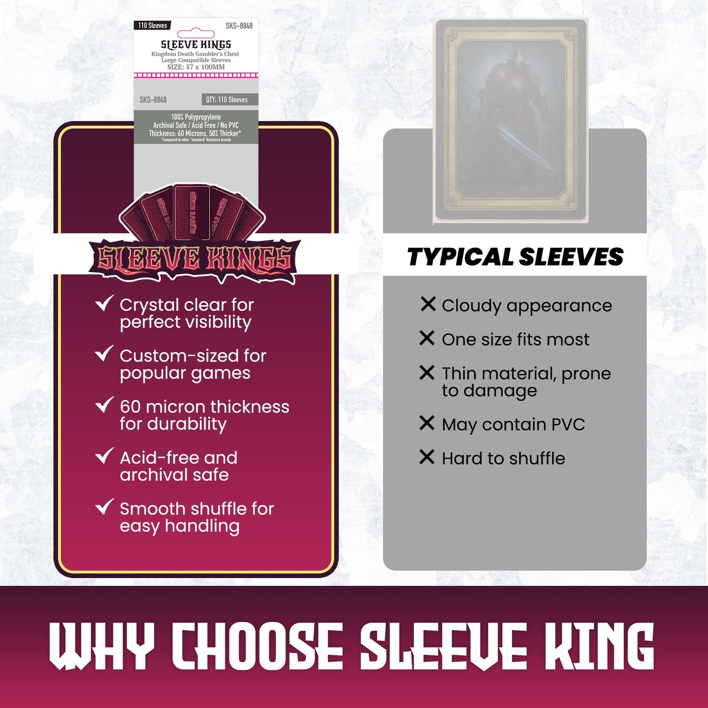 "Kingdom Death Gambler's Chest" Compatible Large Sleeves (57x100mm) 110 Pack, 60 Micron, SKS-8848