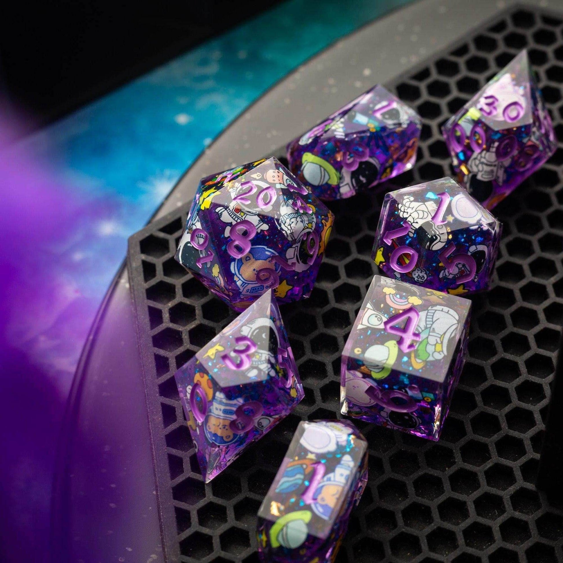 Space Bear Handmade Resin DND Dice Set - Full Set And Free Dice Box