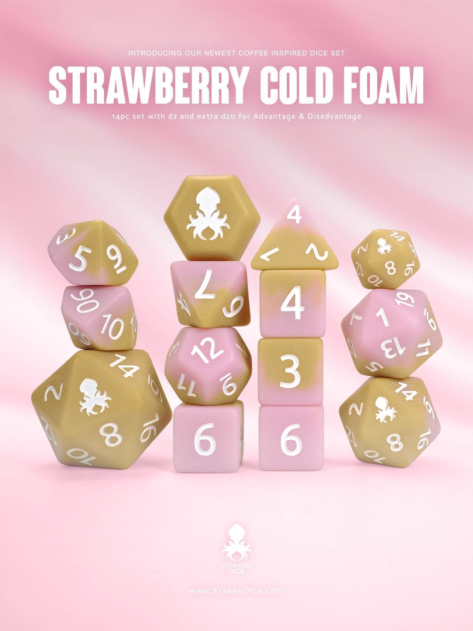 Strawberry Cold Foam Matte 14pc Dice Set inked in White - 