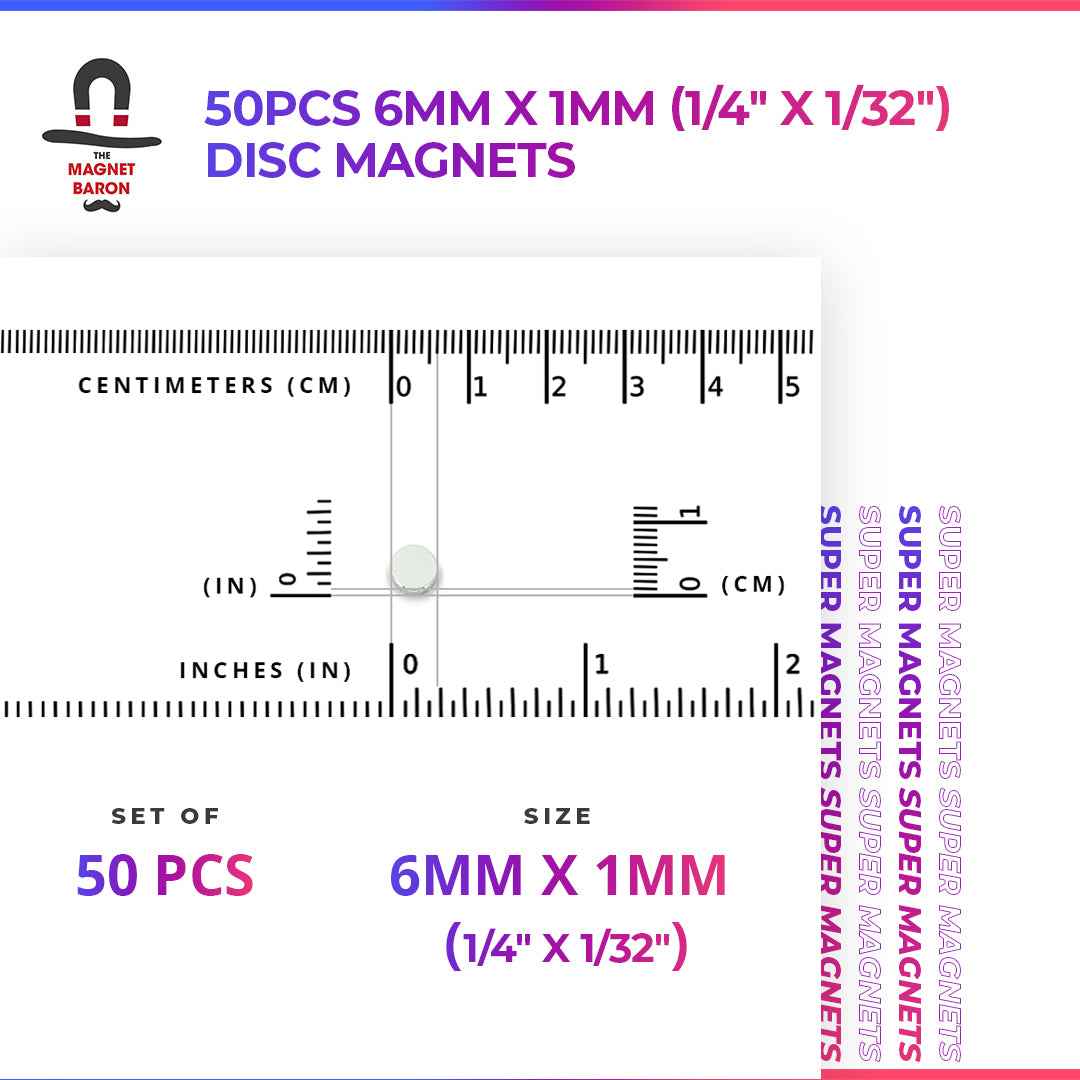50pcs 6mm x 1mm (Approximately 1/4" x 1/32") Disc Magnets