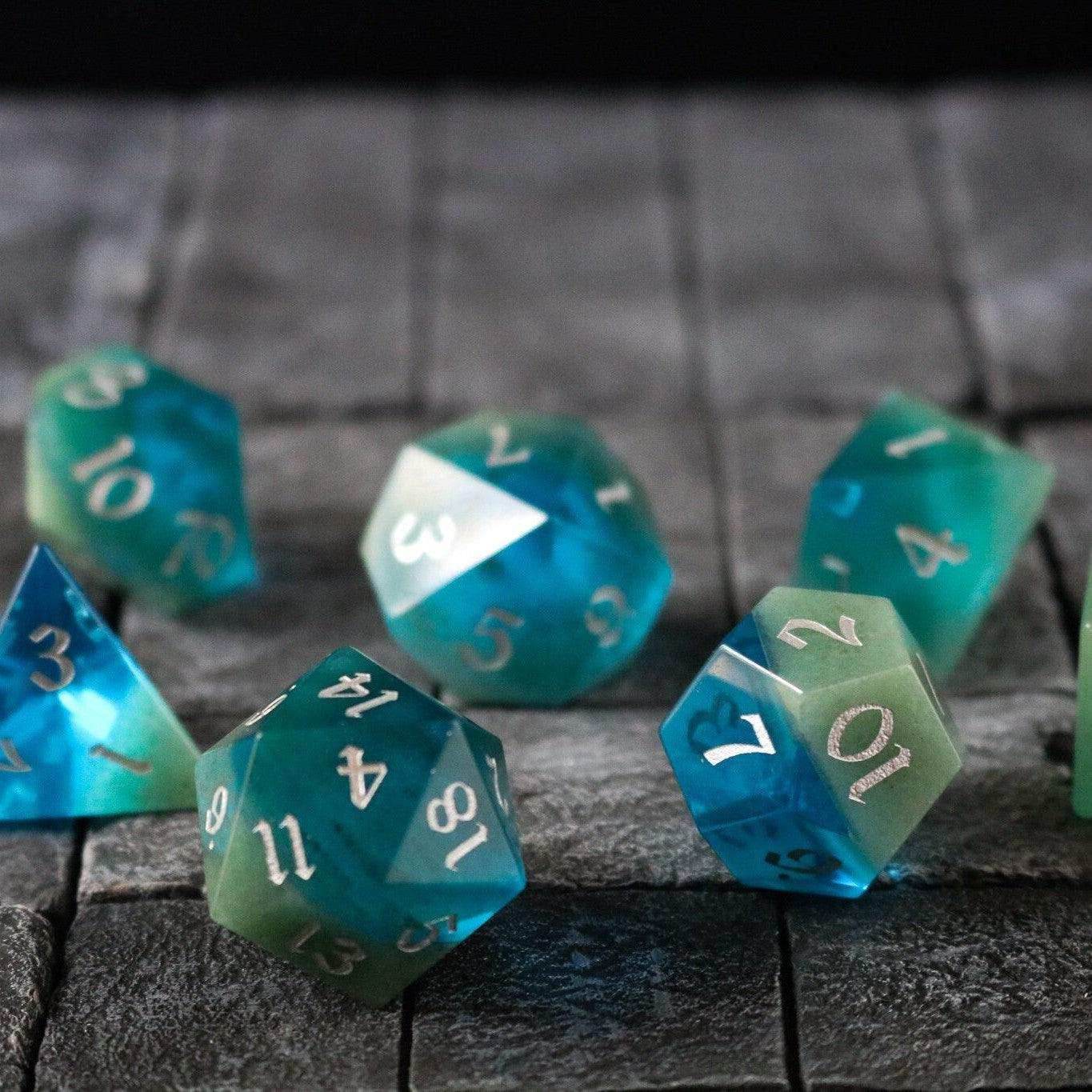 Synthetic Gemstone Two Tone Blue/Green Hand Carved DND Dice Set - Full Set And Free Dice Box