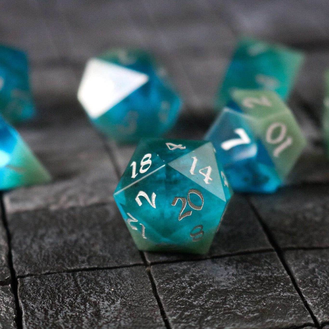 Synthetic Gemstone Two Tone Blue/Green Hand Carved DND Dice Set - Full Set And Free Dice Box