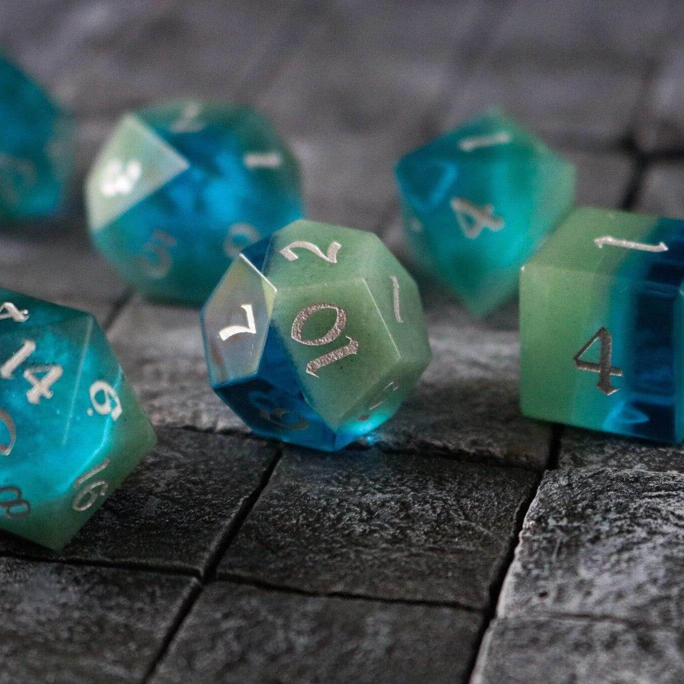 Synthetic Gemstone Two Tone Blue/Green Hand Carved DND Dice Set - Full Set And Free Dice Box