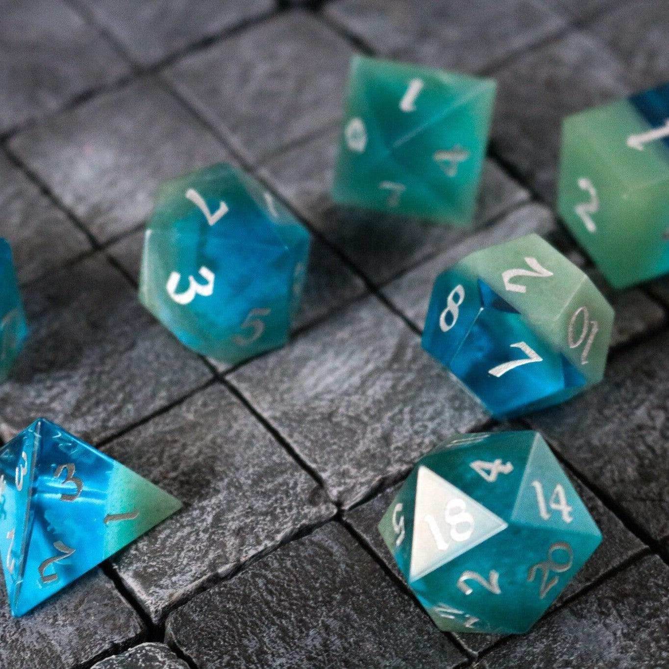 Synthetic Gemstone Two Tone Blue/Green Hand Carved DND Dice Set - Full Set And Free Dice Box