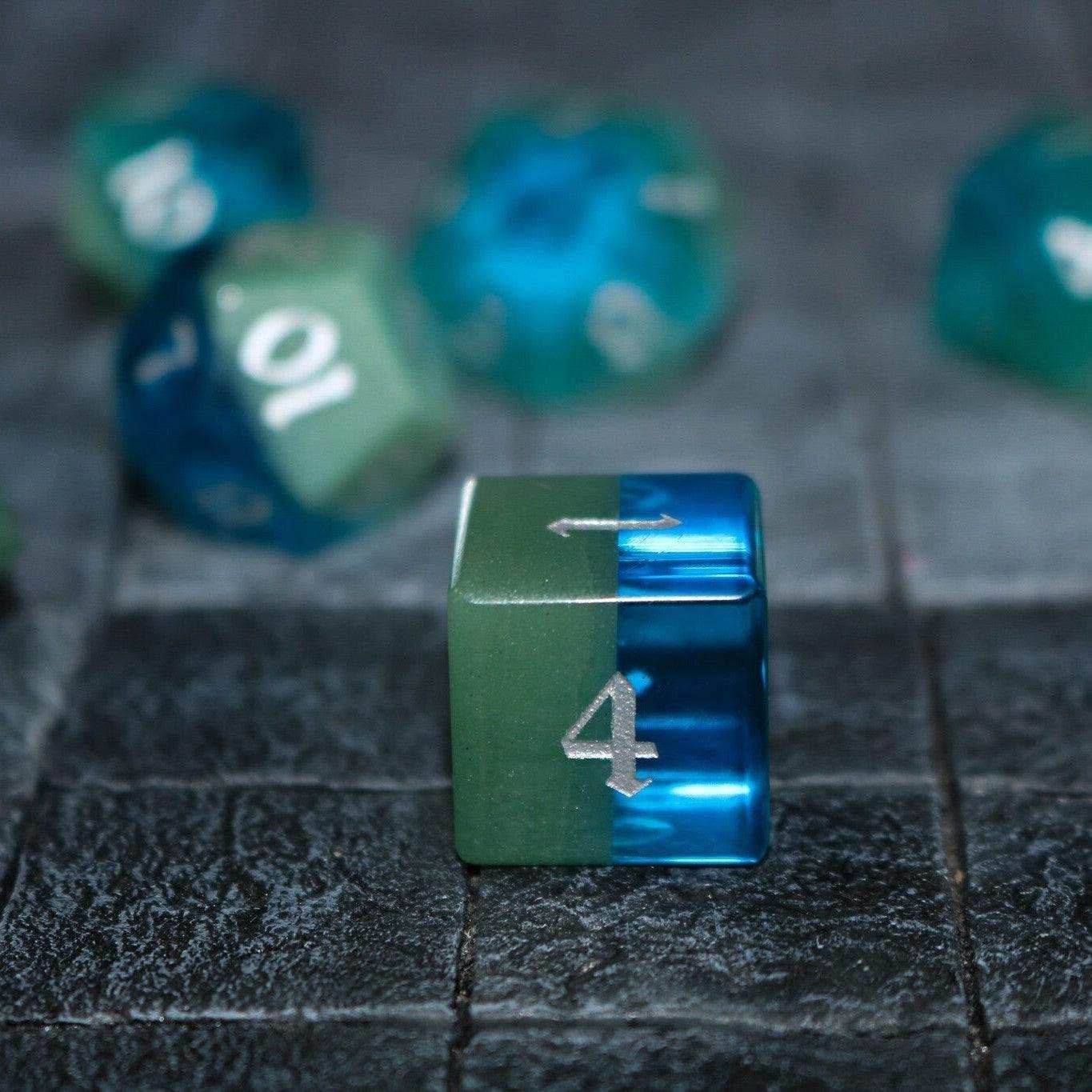 Synthetic Gemstone Two Tone Blue/Green Hand Carved DND Dice Set - Full Set And Free Dice Box