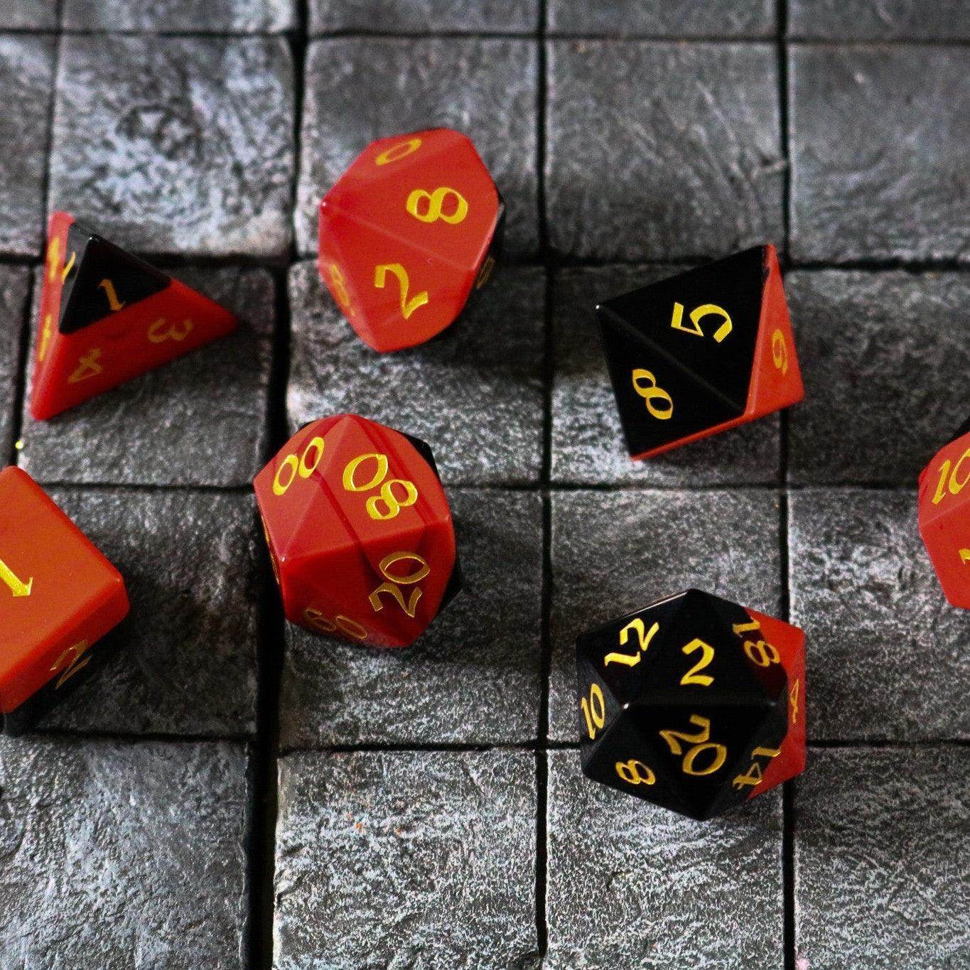 Synthetic Gemstone Two Tone Red/Black Hand Carved DND Dice Set - Full Set And Free Dice Box