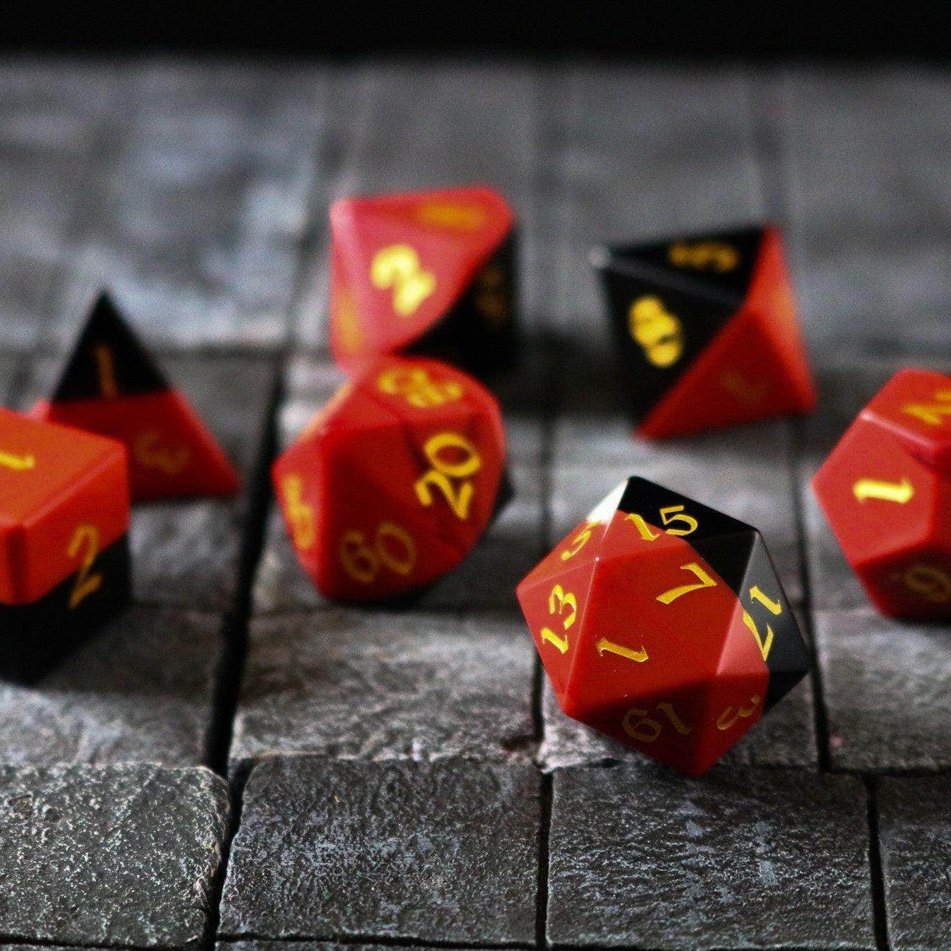 Synthetic Gemstone Two Tone Red/Black Hand Carved DND Dice Set - Full Set And Free Dice Box