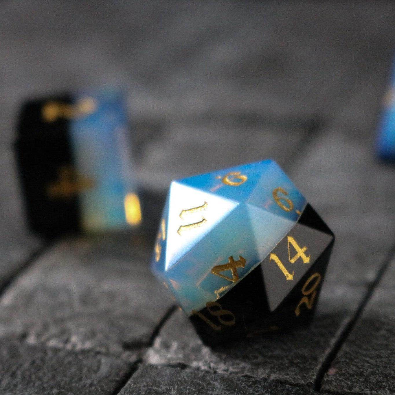 Synthetic Gemstone Two Tone White/Black Hand Carved DND Dice Set - Full Set And Free Dice Box