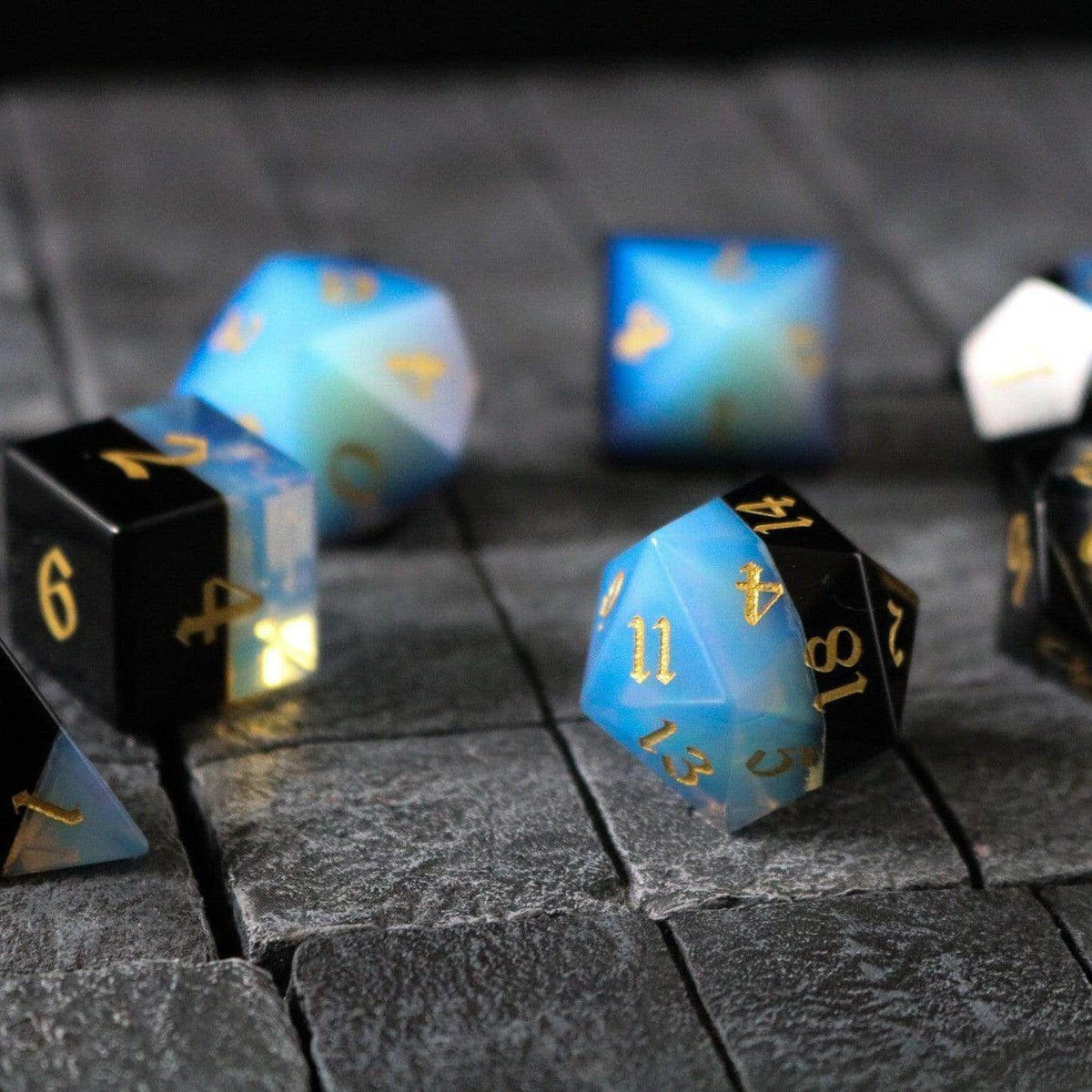 Synthetic Gemstone Two Tone White/Black Hand Carved DND Dice Set - Full Set And Free Dice Box