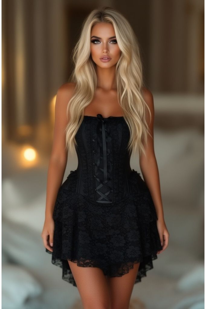 Top Drawer Steel Boned Strapless Black Lace Victorian Corset Dress