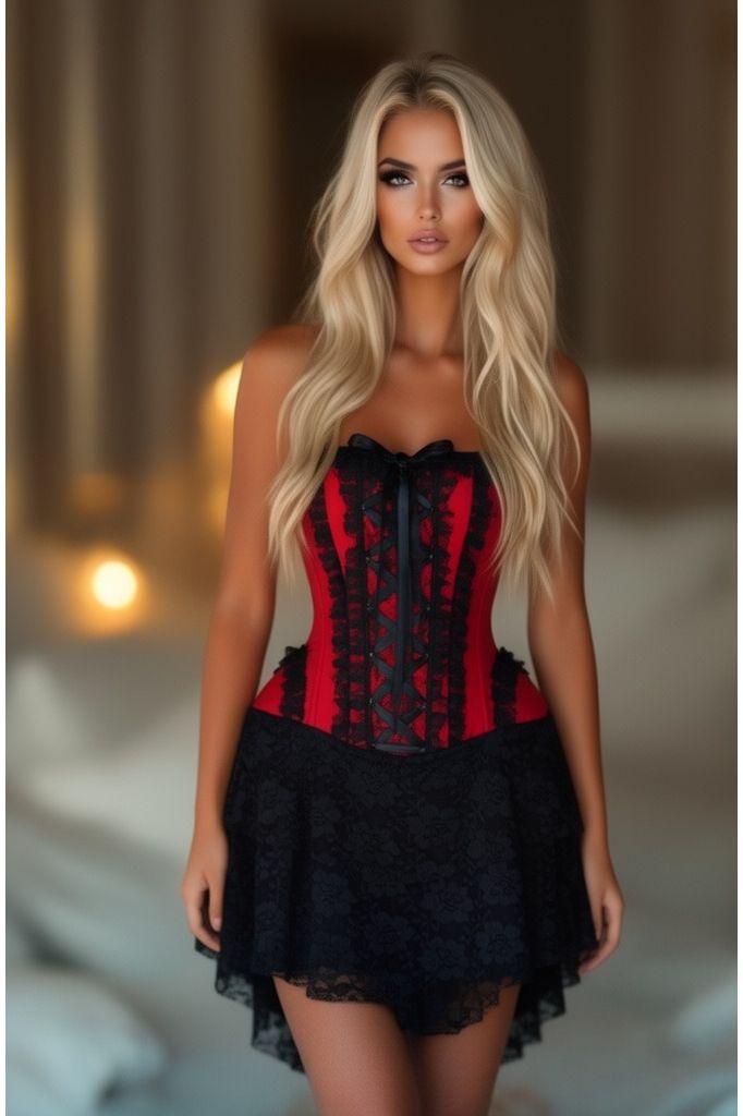 Top Drawer Steel Boned Strapless Red/Black Lace Victorian Corset Dress