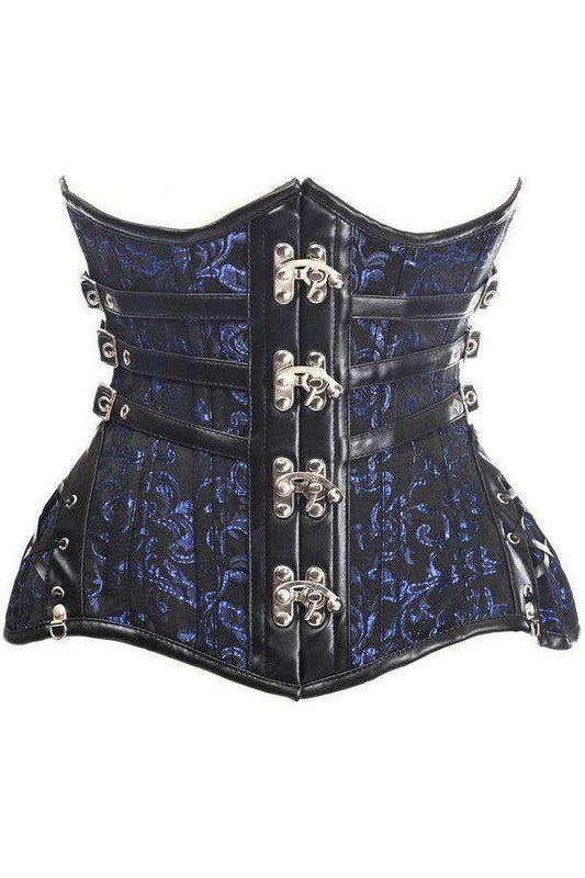 Top Drawer CURVY Steampunk Black/Blue Brocade Steel Double Boned Under Bust Corset - XSmall