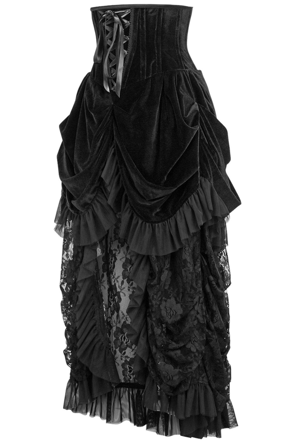 Top Drawer Steel Boned Black Velvet Victorian Bustle Underbust Corset Dress - Small