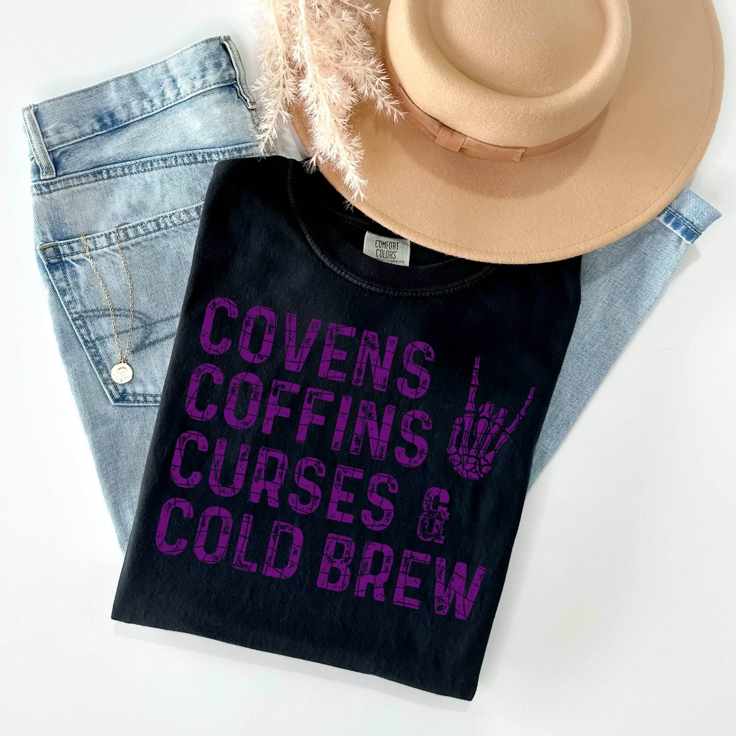 Covens Coffins Curses & Cold Brew Graphic Tee - S