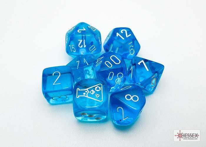 Translucent Polyhedral Tropical Blue/white 7-Die Set (with bonus die) - 