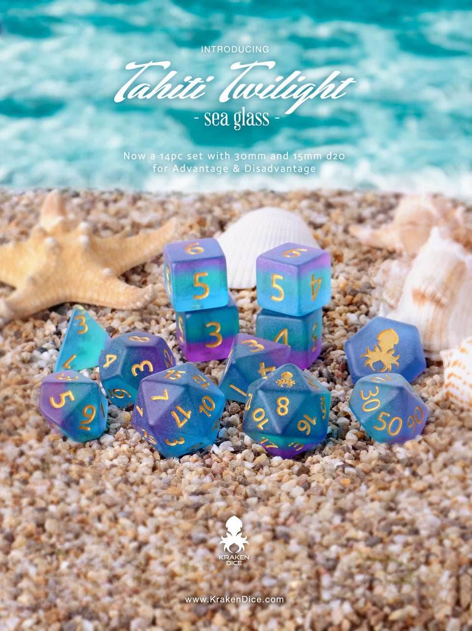 Kraken Dice Sea Glass 14 pc Dice Set - Tahiti Twilight