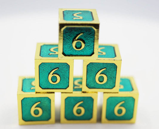 6 piece Metal D6's - Teal and Gold - 