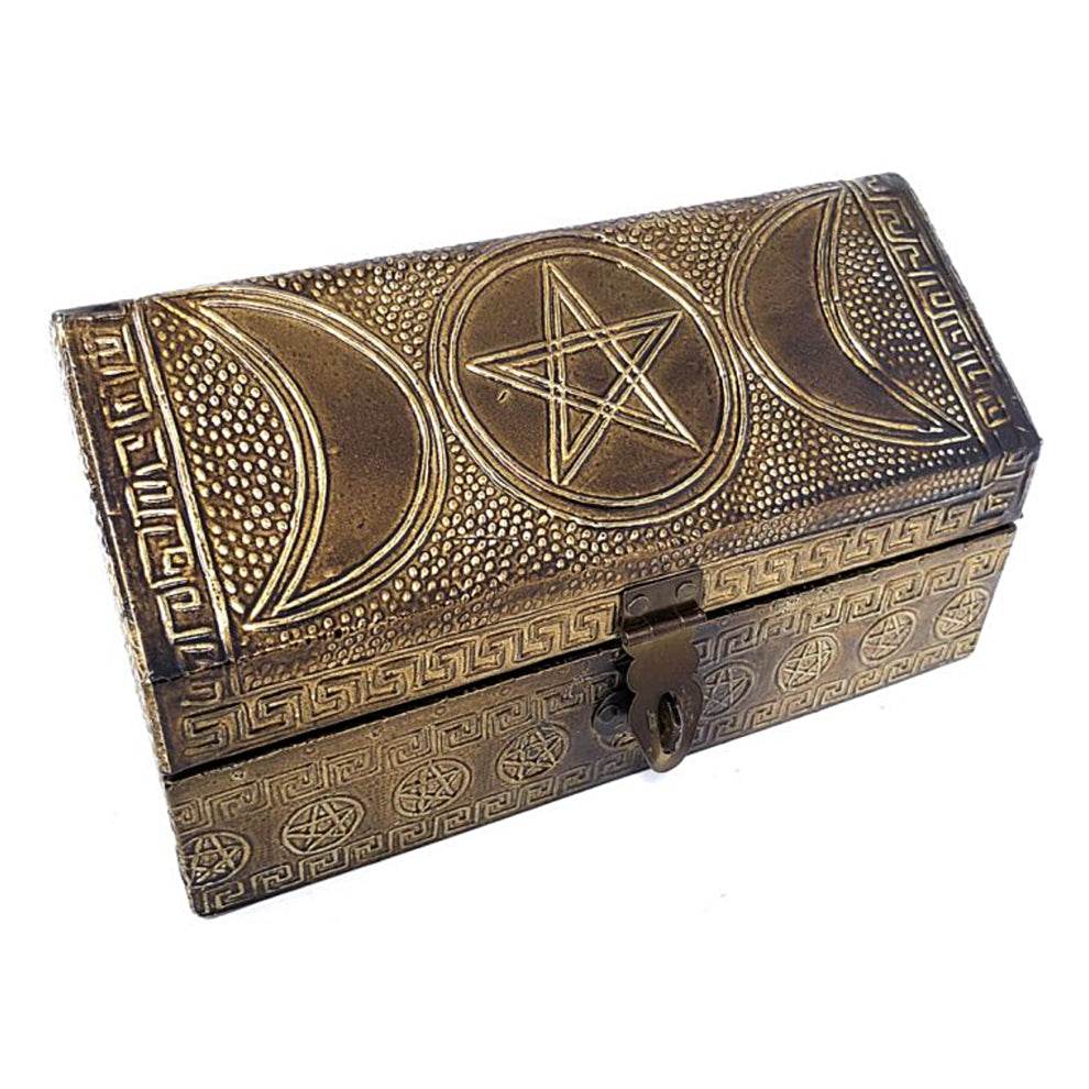 Triple Moon Pentagram Carved Metal over Wood Box - 