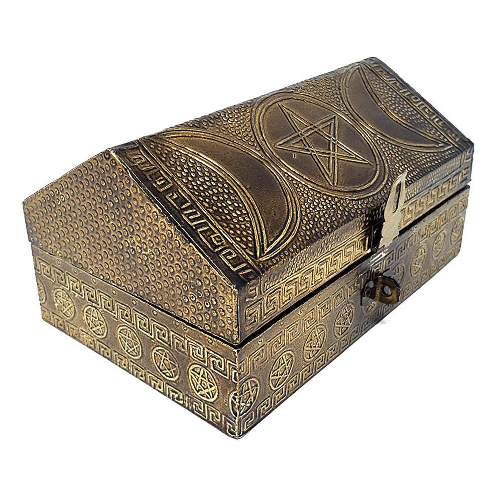 Triple Moon Pentagram Carved Metal over Wood Box - 