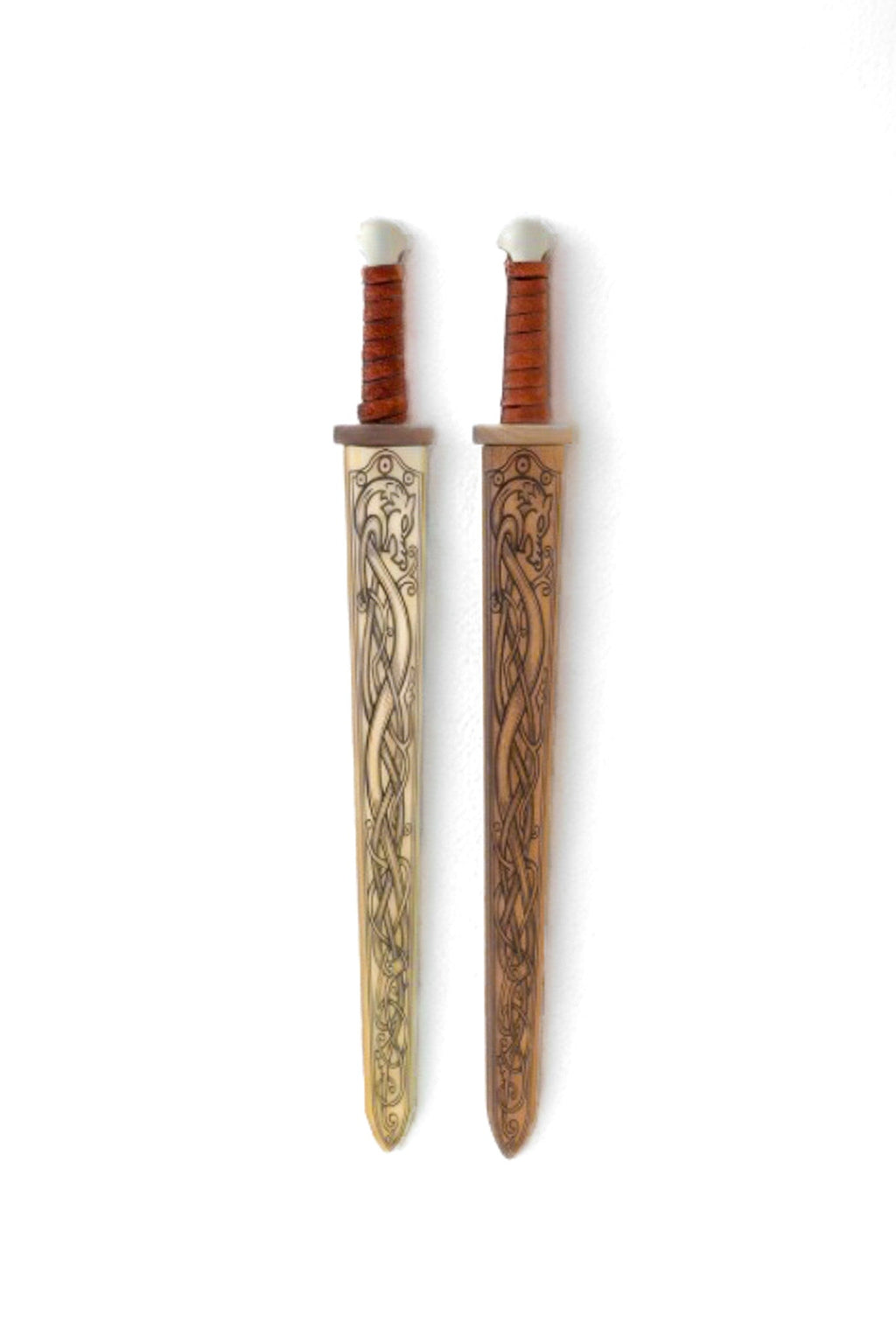 Mini Wooden Viking Sword with Norse Motif, Wooden Sheath and Leather Wrapped Handle