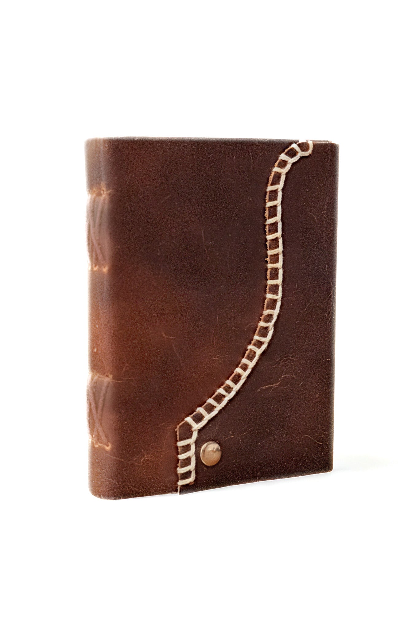 Rustic Distressed Brown Leather Journal with Decorative White Blanket Edge Stitch