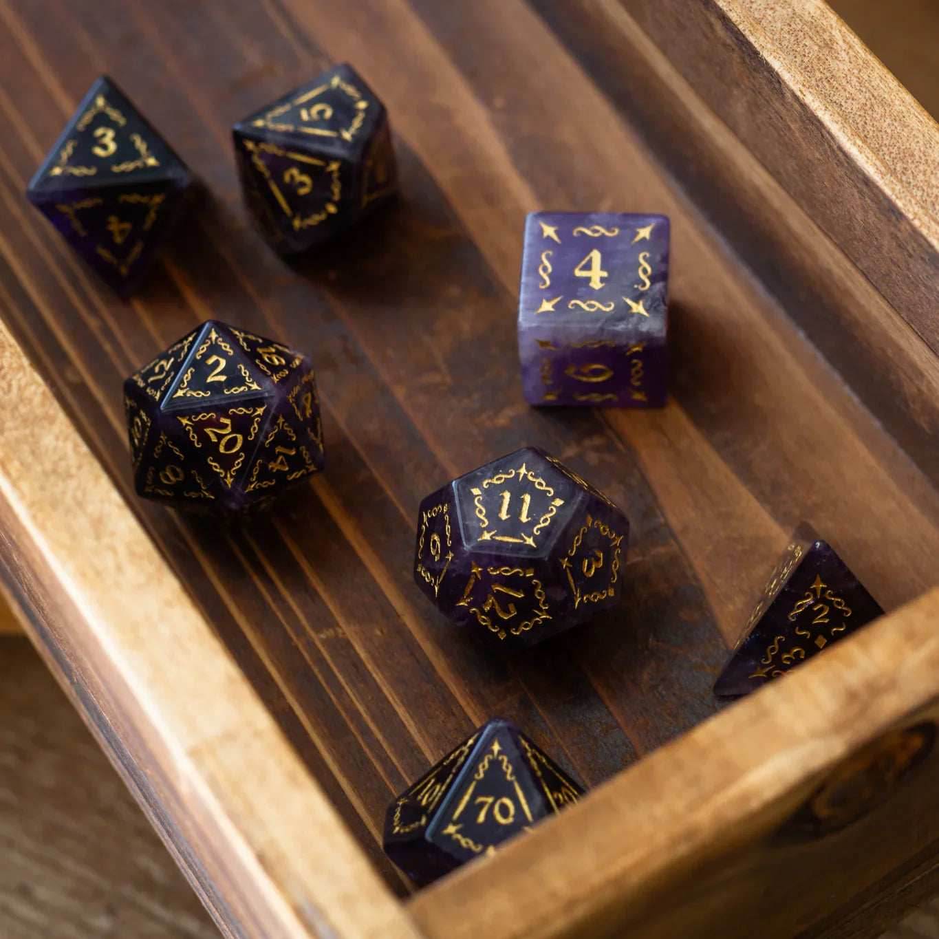 Vine Spike Gemstone Purple Amethyst DND Dice Set - Full Set And Free Dice Box