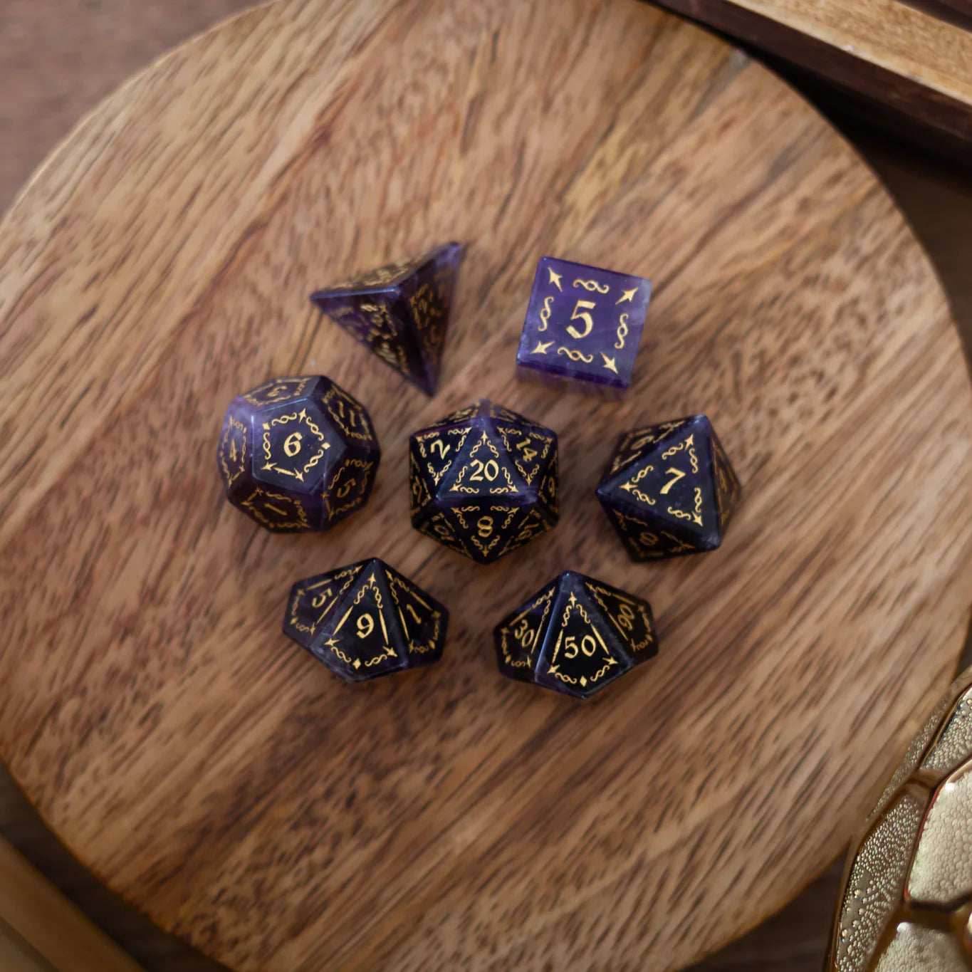 Vine Spike Gemstone Purple Amethyst DND Dice Set - Full Set And Free Dice Box