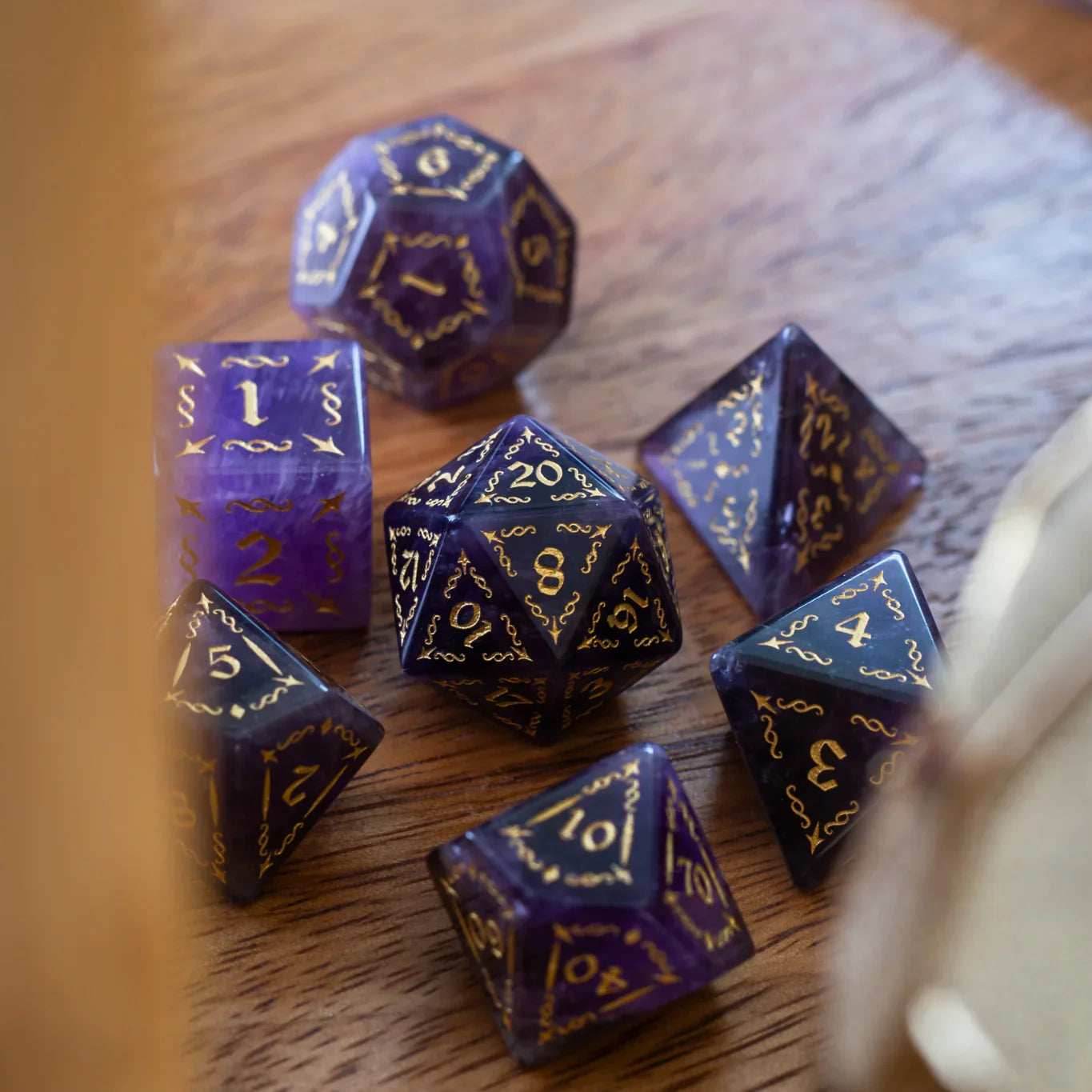 Vine Spike Gemstone Purple Amethyst DND Dice Set - Full Set And Free Dice Box
