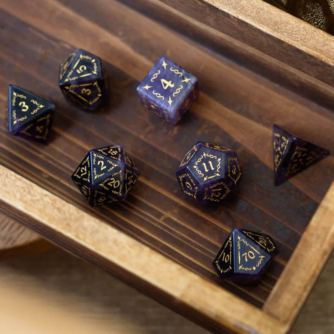 Vine Spike Gemstone Purple Amethyst DND Dice Set - Full Set And Free Dice Box