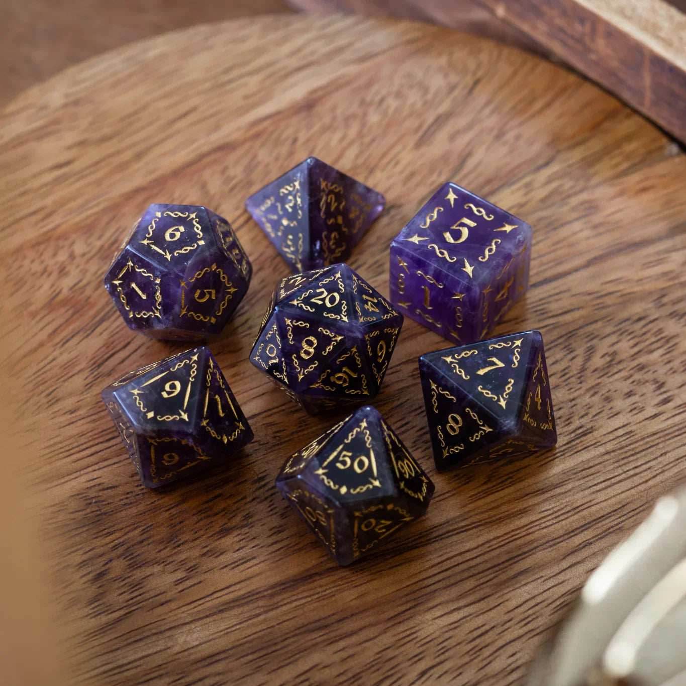 Vine Spike Gemstone Purple Amethyst DND Dice Set - Full Set And Free Dice Box