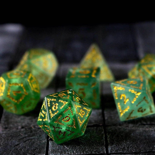 Vine Spike Green Fluorite Gemstone DND Dice Set - Full Set And Free Dice Box