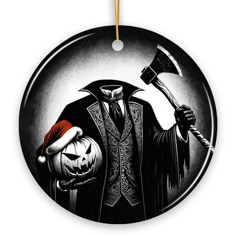 Creepy Headless Horseman And Pumpkin With Santa Hat Ornament, Horror Themed Christmas Decor for Halloween Tree - Circle