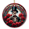 Elegant Bones Top-Hat Skeleton with Roses Stained Glass Style Ceramic Ornament, Halloween Themed Christmas Gift and Decor - Circle