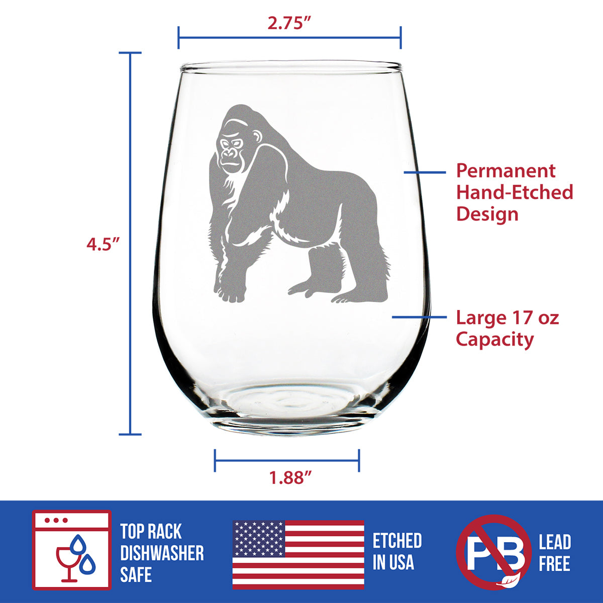 Gorilla Stemless Wine Glass - Fun Wild Animal Themed Decor and Gifts for Lovers of Apes and Monkeys - Large 17 Oz Glasses