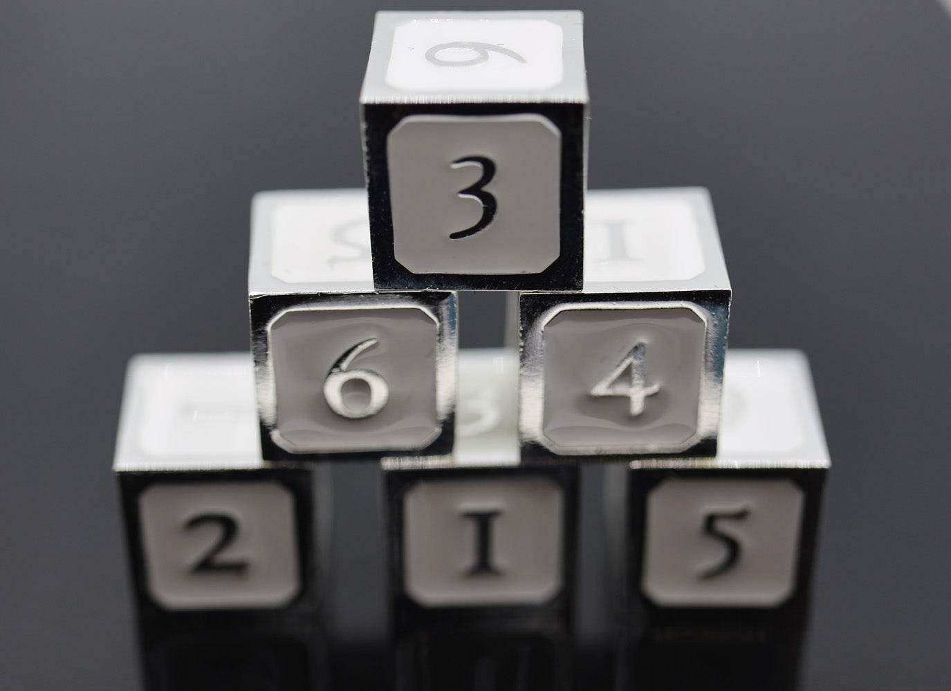 6 piece Metal D6's - White and Silver - 