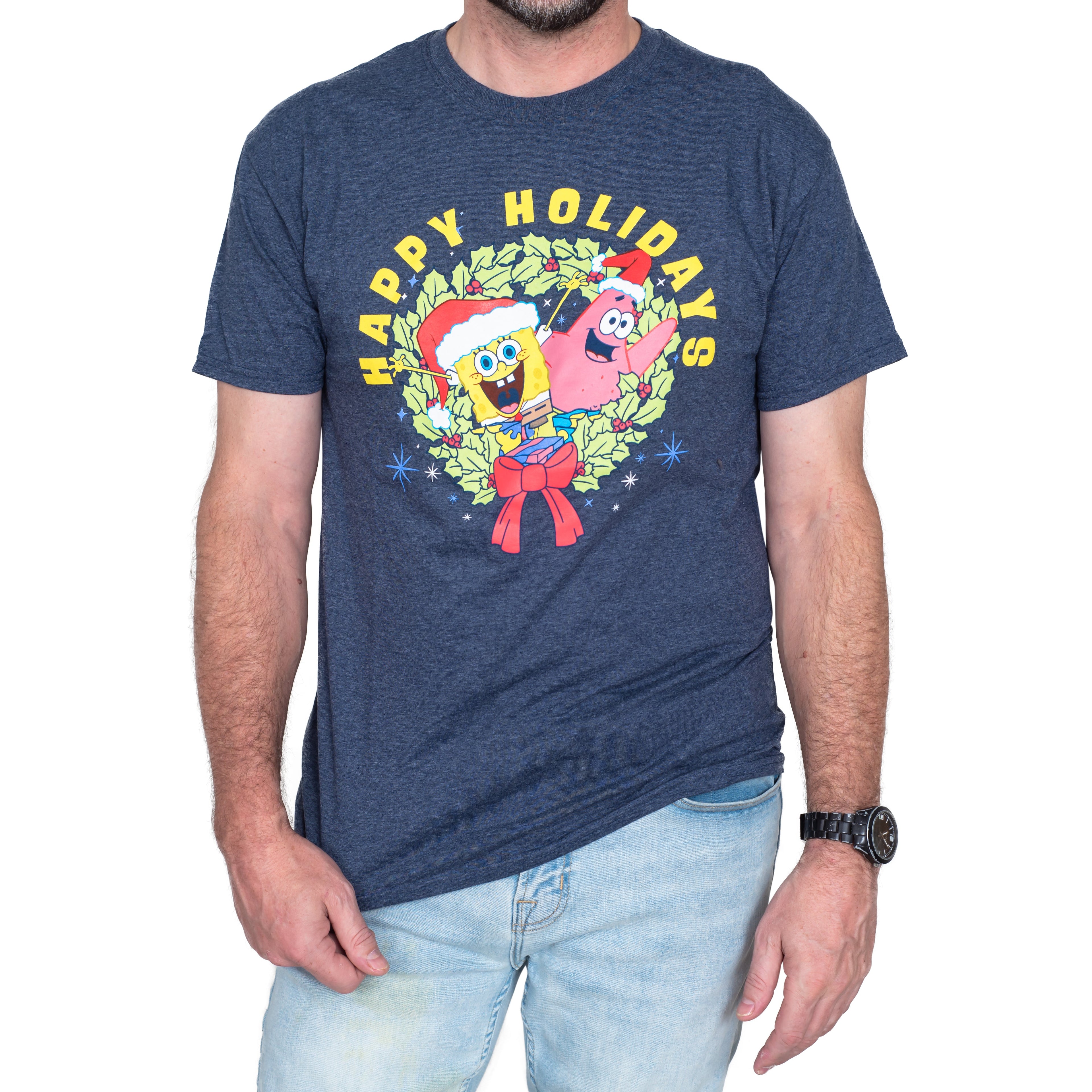 Mad Engine SpongeBob and Patrick Wreath Joy Happy Holidays Short Sleeve Christmas T-Shirt