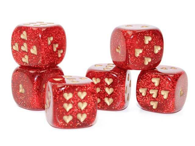 Heart Pips 16MM d6 | 7 Color Options | Multipack Options - Glitter Ruby Red: 5-Pack