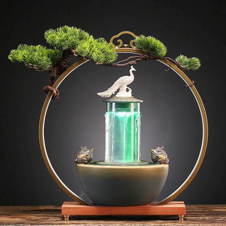 Lucky Pheasant Round LED Backflow Incense Burner With Flowing Water Fortune Fountain - 