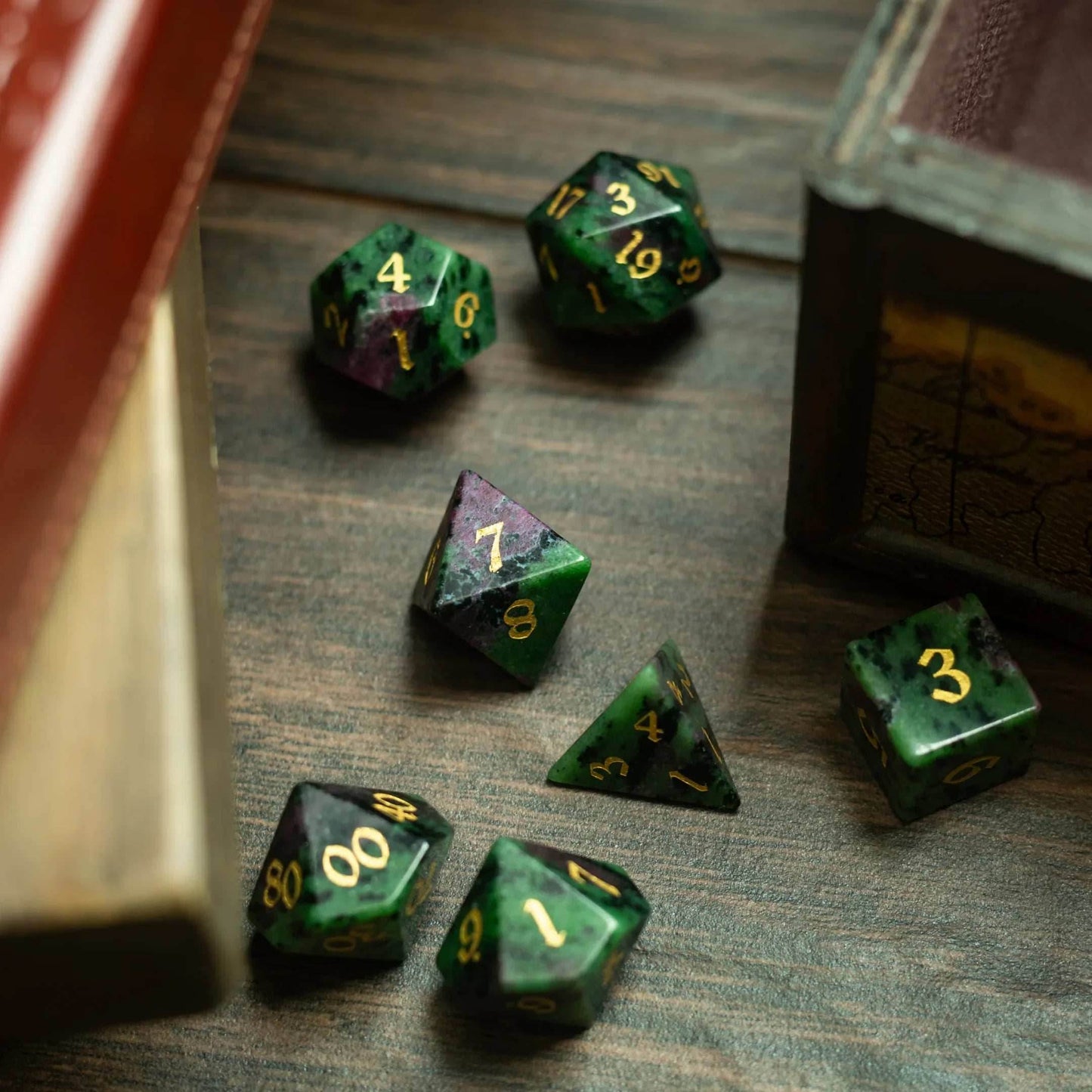 Zoisite Polyhedral Gemstone DND Dice Set - Full Set And Free Dice Box