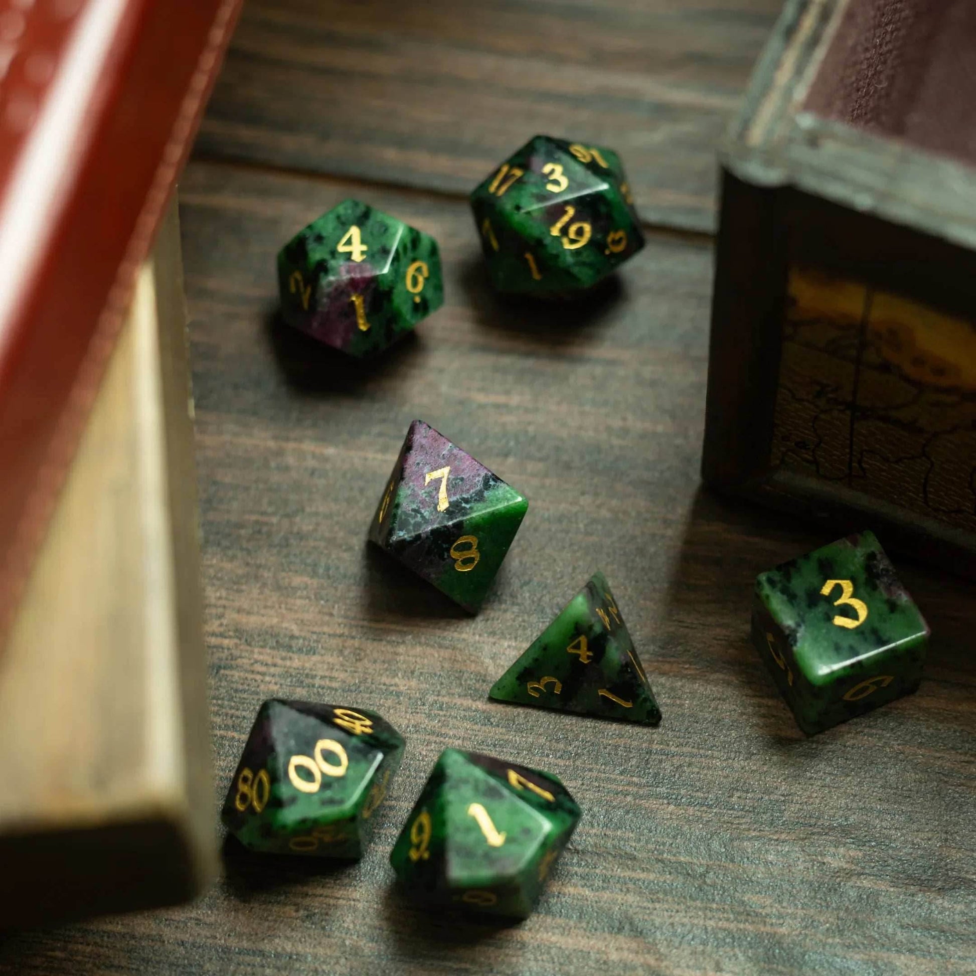 Zoisite Polyhedral Gemstone DND Dice Set - Full Set And Free Dice Box